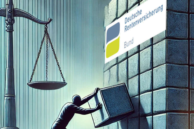 Ein Mensch der gegen eine Wand ankämpft, auf der das Logo der Deutschen Rentenversicherung zu sehen ist. Im Hintergrund eine Waage, die das Justizsystem symbolisiert.