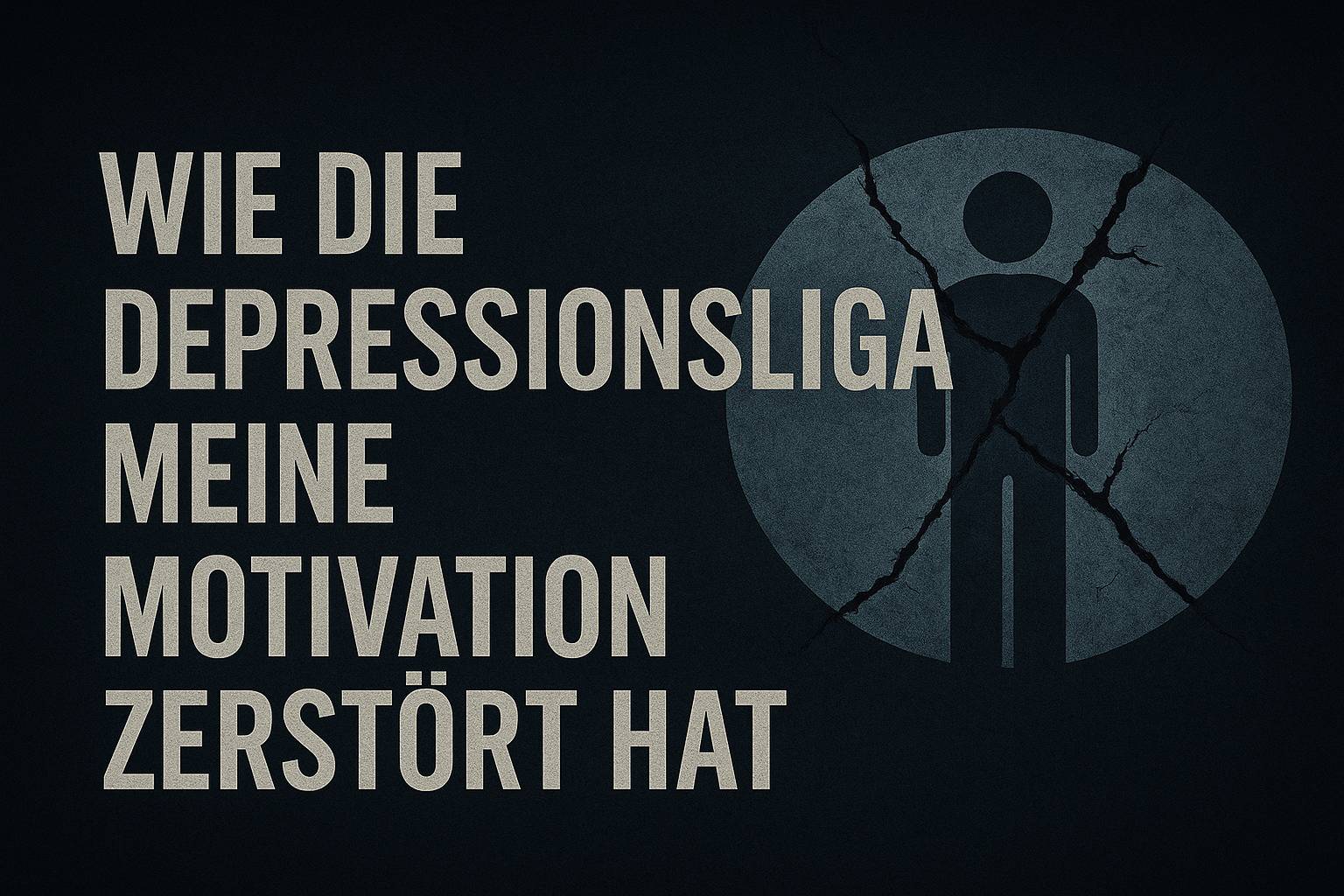 Eine zerbrochene Linse, die einen Menschen fokussiert und davor der Text: "Wie die Depressionsliga meine Motivation zerstört hat"