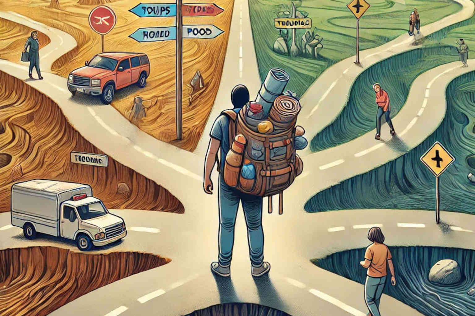 Ein Mensch mit einem Rucksack steht an einer Weggabelung