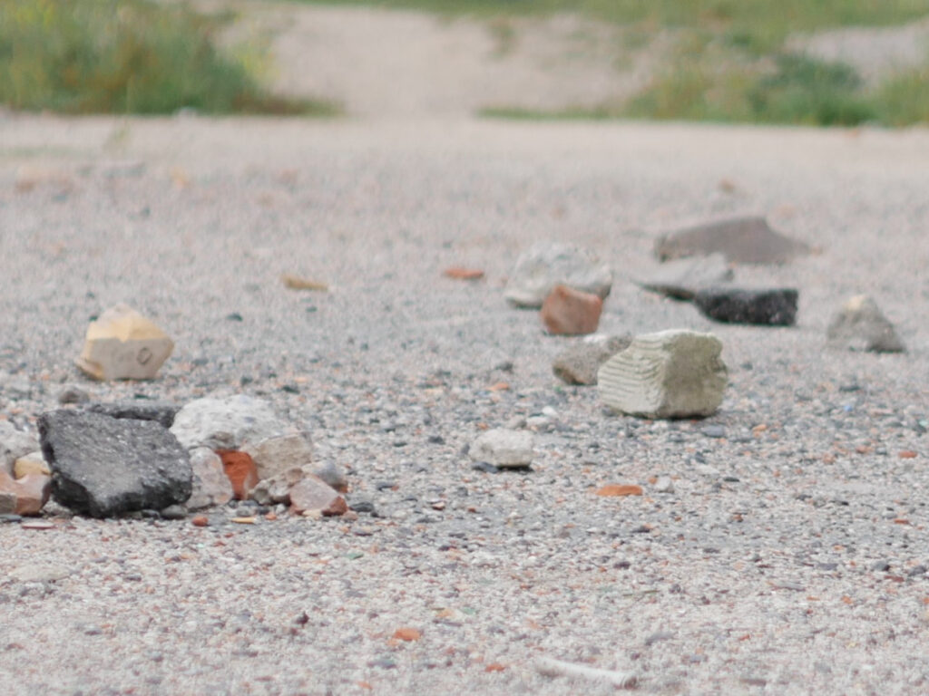 Eine Menge größerer und kleinerer Steine, die auf einem weiten Feld liegen.