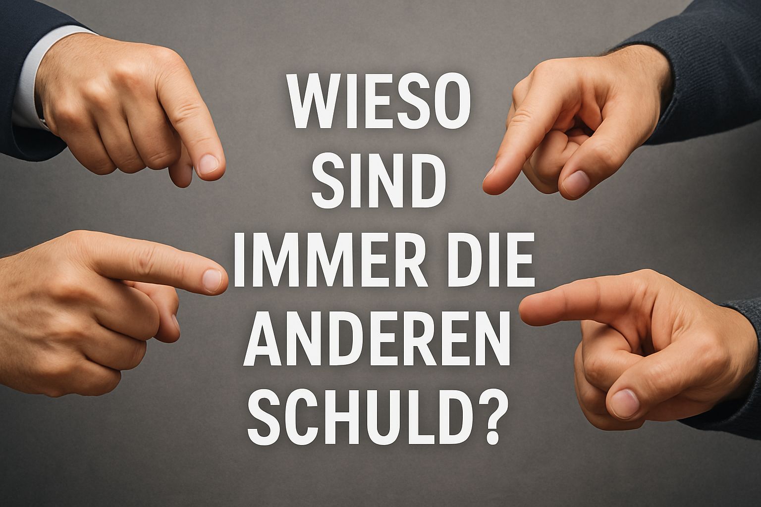 Vier Hände, die mit Fingern in die Mitte zeigen, in der geschrieben steht: "Wieso sind immer die anderen schuld?"
