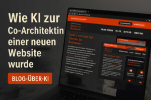 EIn Bild, das die Webseite von Steine im Rucksack zeigt und daneben der Text "Wie KI zur Co-Architektin einer neuen Website wurde"